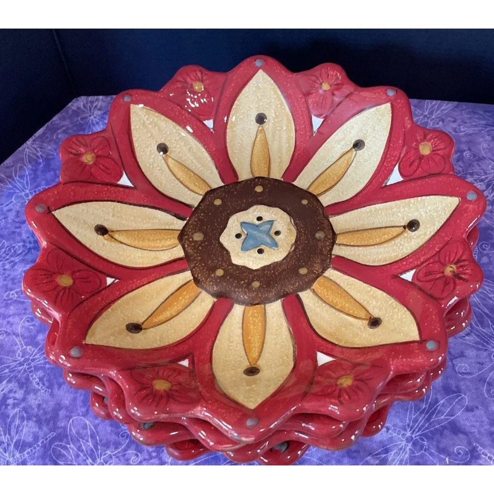Pier‎ 1 Carynthum Salad Dessert Plate Red Flower Petal Shaped Embossed Set Of 4